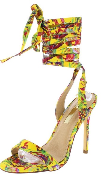 💙Yellow Floral Open Toe Ankle Wrap Stiletto Heel - Picture 3 of 3